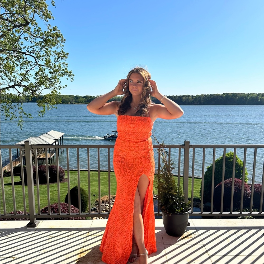 Windsor Bright Orange Strapless Lace Prom Gown with Thigh Slit